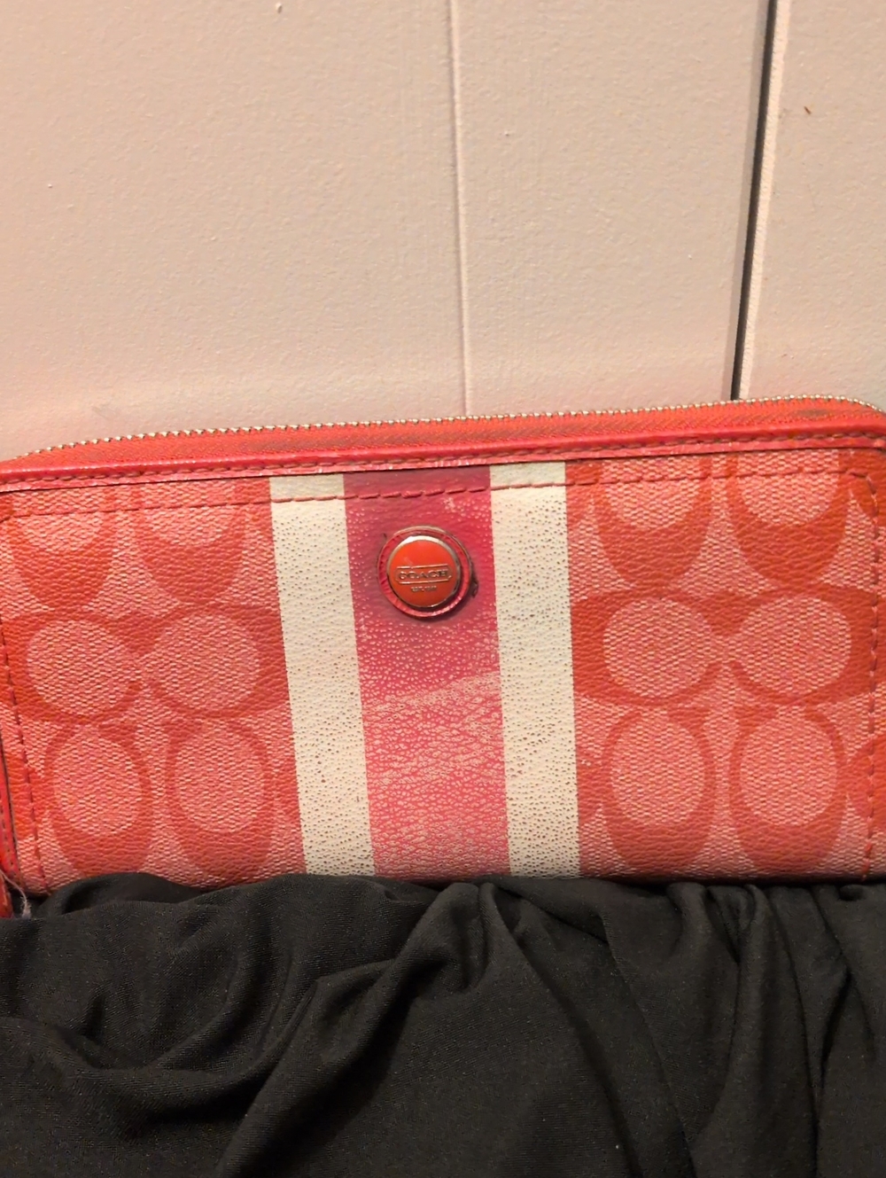 Coach Coral  Signature Stripe Zip Wallet- Needs Love!